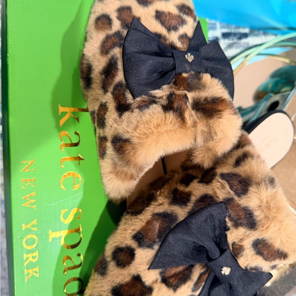 Kate Spade  Leopard Print Slippers with Black Bow New with Box
